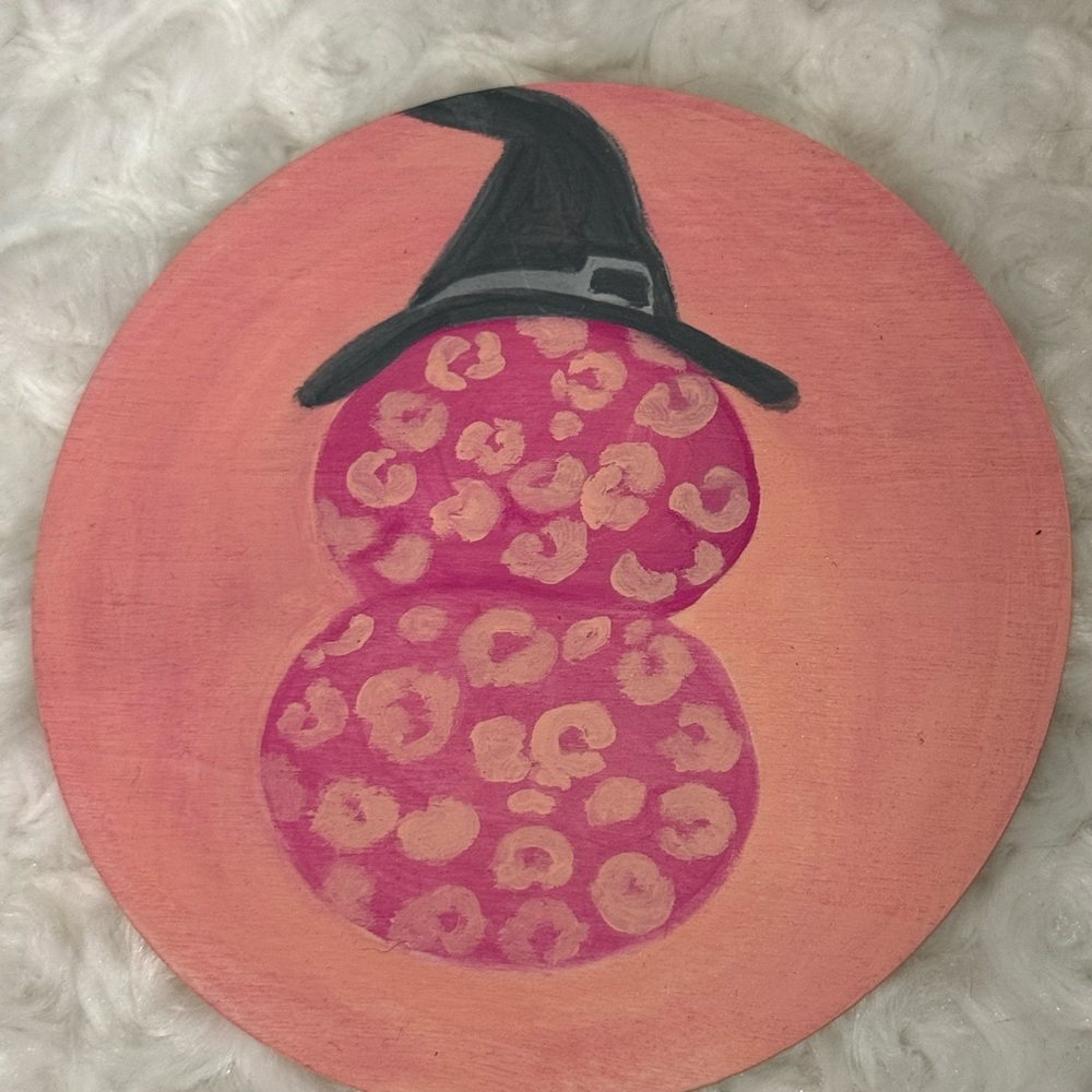 Pink Pumpkin Leopard Print Acrylic Painting coaster by Artist Lise Marie